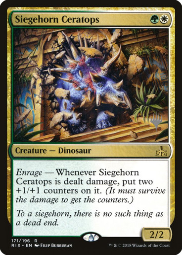 SiegehornCeratopsPromoPack__99260 Siegehorn Ceratops (Promo Pack) (Rivals of Ixalan) Promo: Planeswalker Stamped